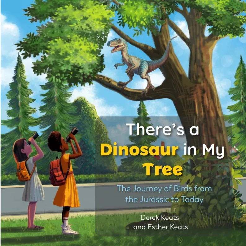 Two girls looking a dinosaur up in a tree